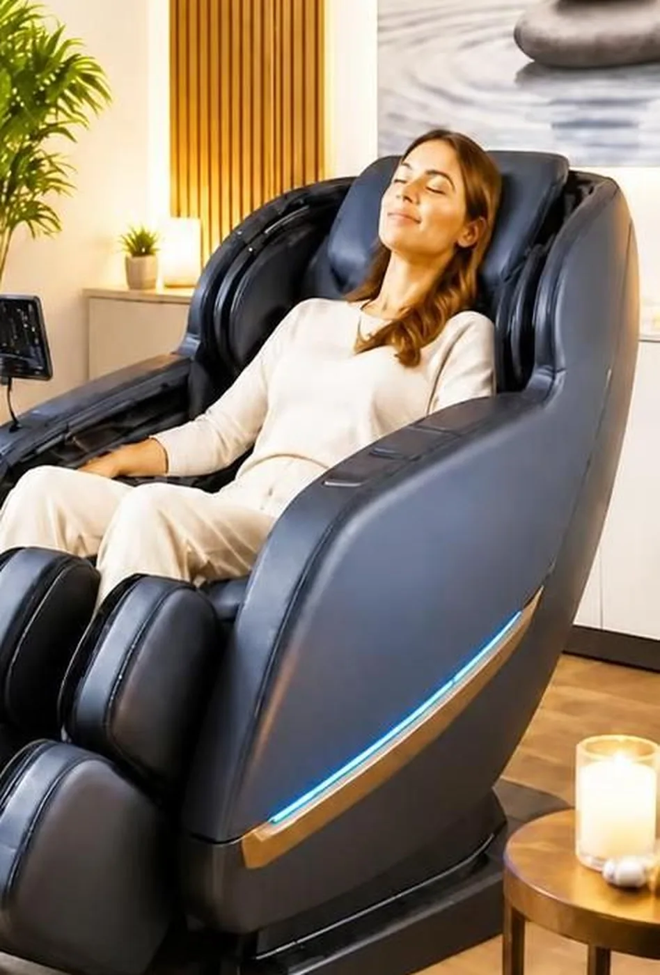 A woman relaxing in the zero gravity massage chair